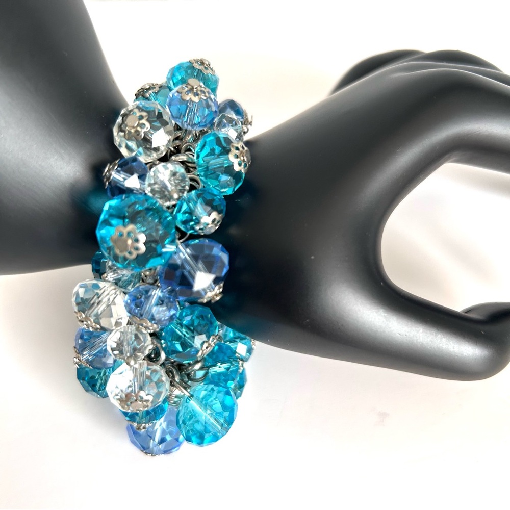 Blue Teal Clear Crystal Cluster Faceted Glass Beaded Stretch Bracelet 7"